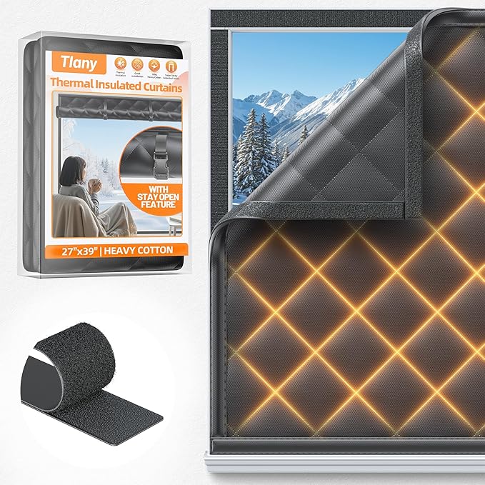 Window Insulation Kit for Winter 27"x39" Cold Weather Thermal Curtain with Heavy Cotton, Insulated Window Cover for Winter & Windows Draft Blocker for Winterizing Windows in Home RV Basement–Black