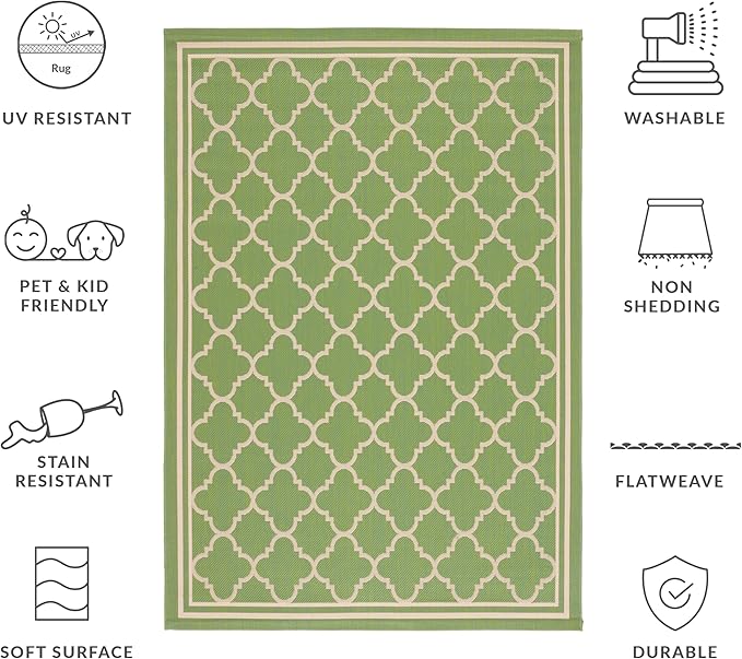 SAFAVIEH Washable Rug Outdoor Courtyard Collection - 5'3" x 7'7", Green & Beige, Non-Shedding & Easy Cleaning, Ideal for Patio, Backyard, Mudroom (CY6918-244)