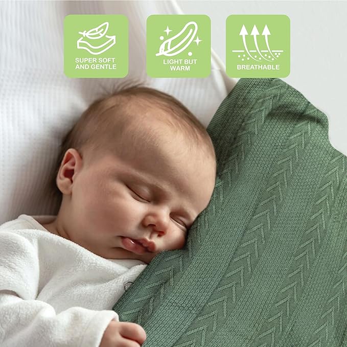 Organic Cotton Baby Blanket - 31.5 x 43.3 Inches, Soft Knitted Crib Blanket for Boys & Girls, Breathable Design (Green)