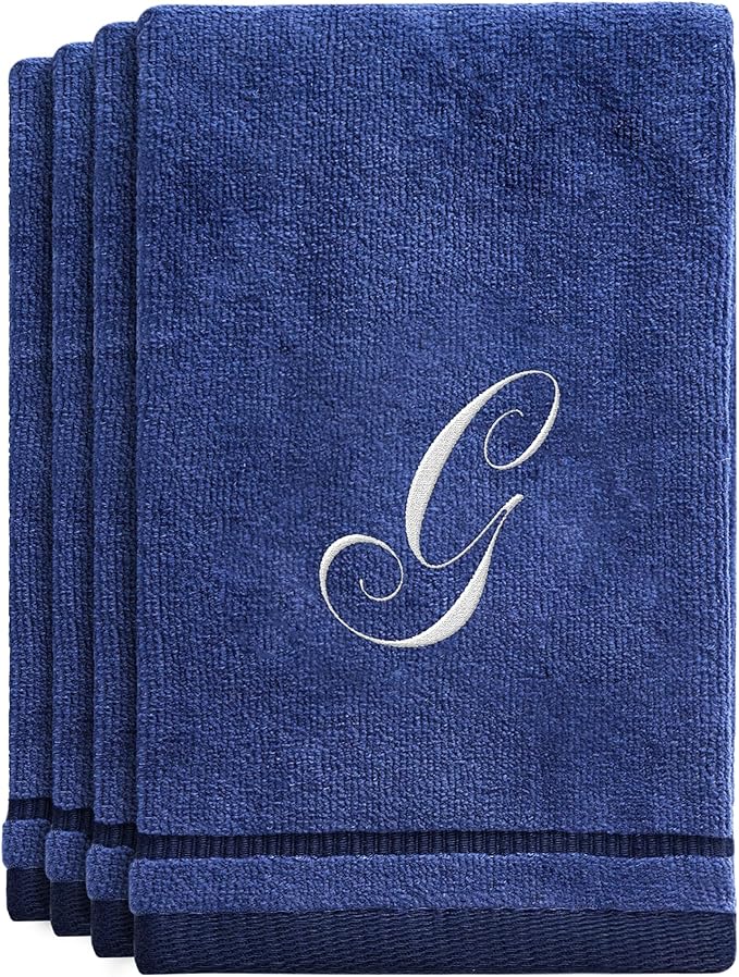 Creative Scents Navy Blue Monogrammed Towels with Initials - 4 Pack Super Absorbent Bathroom Fingertip Cotton Towel with Soft Velour Finish - Personalized Gifts for Freinds & Family 11"x18" Initial G