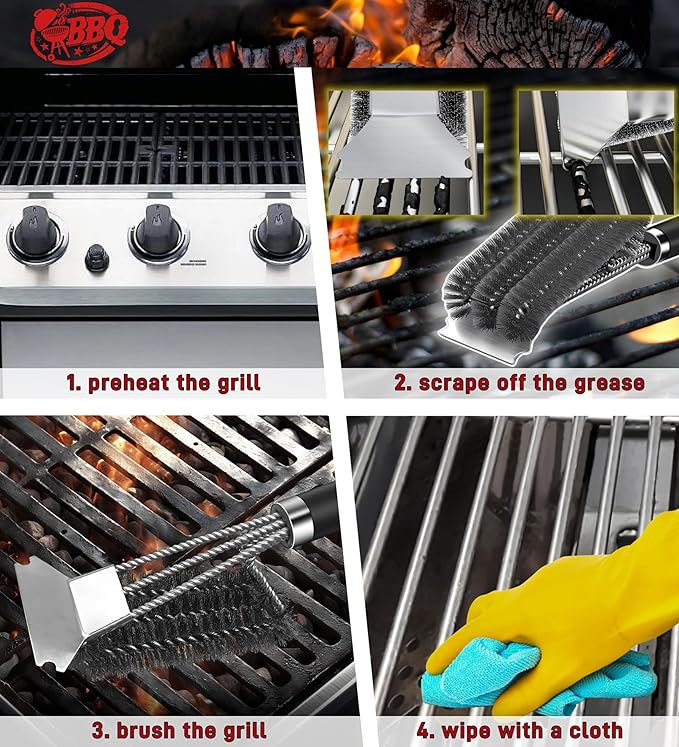 TNTOR Grill Brush with Scraper, 18" Adjustable Handle BBQ Grill Brush for Outdoor Grill, Extra Strong Grill Cleaner Accessories for Grill/Smoker/Gas/Charcoal Grill Cleaning-Grill Gifts for Men/Dad
