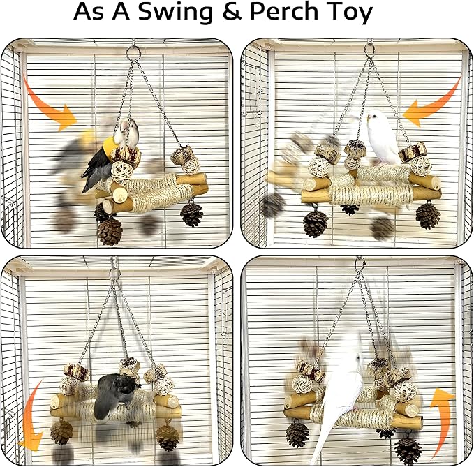 Bird Swing for Cage with Chew Toys, 3 Sisal-Wrapped Stable Perches(S) | Stable Triangle Design Parrot Perch Swing, Wooden Hanging Parakeet Toys for Cockatiel Lovebird Conure Quaker Balance Training