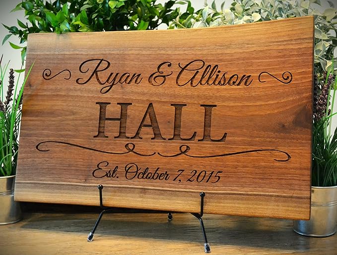 Personalized Cutting Board Wedding Gift Elegant Walnut Polished Live Edge Wood Display Custom Engraved Rustic Unique Anniversary Bride Groom Newlywed Couple Parents Housewarming (Embracing Swirls)