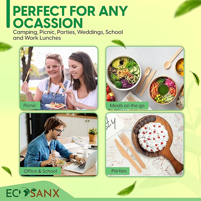 ECOSANX® 200 PCs Disposable Wooden Cutlery set 6.5" Splinter Free Compostable Utensils for party, Eco-Friendly, 100% All-Natural Bamboo Utensils set for picnic, Bamboo cutlery set for Events & More