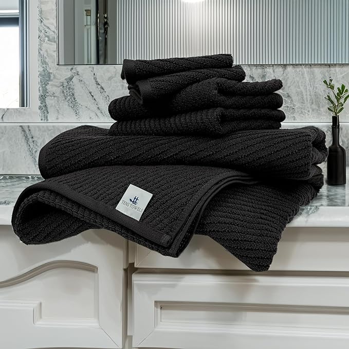 Tens Towels Pack of 6 Zero Twist Towels Set, 2 Bath, 2 Hand, 2 Waschloths, 100% Cotton, Light Weight, Extra Absorbent, Exceptional Softness, Perfect for Bathroom (Black)
