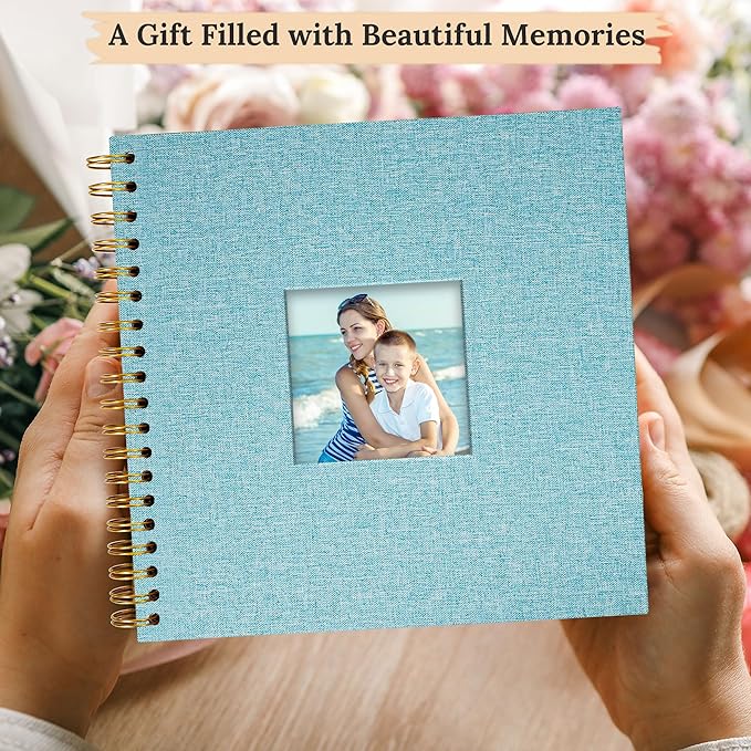 Scrapbook Photo Album Linen Cover, 10 x 10 Inch Hardcover Kraft White Pages Memory Book, for Travel Wedding Guest Book Christmas Baby Shower (20 Sheets/ 40 Pages,Light Blue)