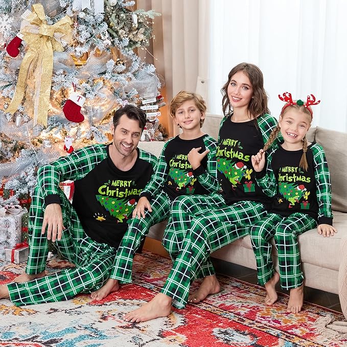 Christmas Family Pajamas Set Matching Holiday Plaid Sleepwear Set Reindeer/Tree Print Loungewear for Xmas Eve