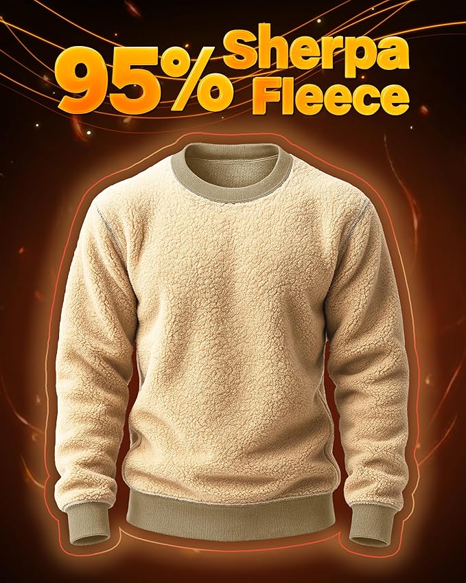 Boladeci Men's Full Sherpa Lined Crewneck Sweatshirts Heavy-weight Fleece Pullover Thick Thermal Long Sleeve Cotton