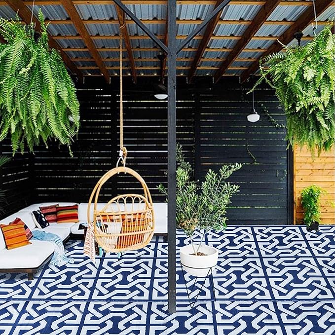 SAND MINE Reversible Mats, Plastic Straw Rug, Modern Area Rug, Large Floor Mat Rug for Outdoors, RV, Patio, Backyard, Deck, Picnic, Beach, Trailer, Camping, Dark Blue & White, 9' x 18'