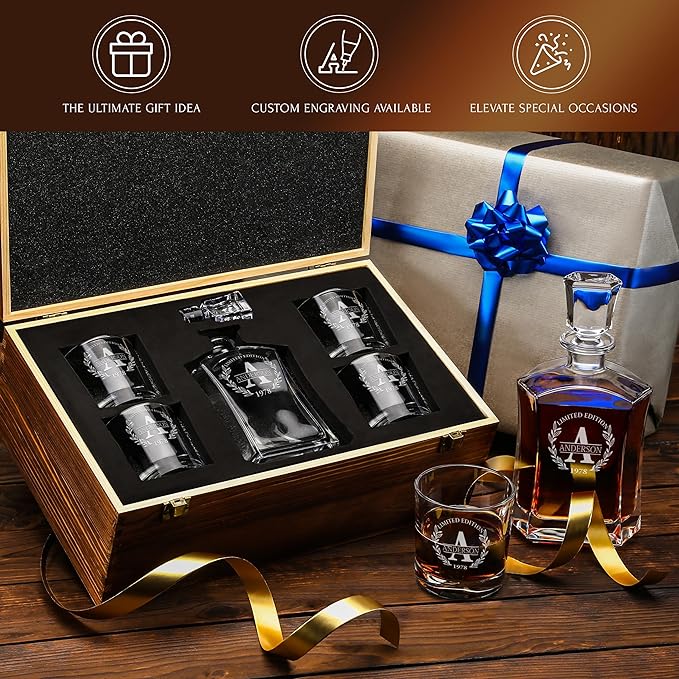 Personalized Whiskey Decanter and Glasses Set - Customized Gift for Him - Fathers Day Gift for Men, Dad, Father, Brother, Son - Engraved Old Fashioned Whiskey Decanter, 4 Glasses in Wooden Gift Box