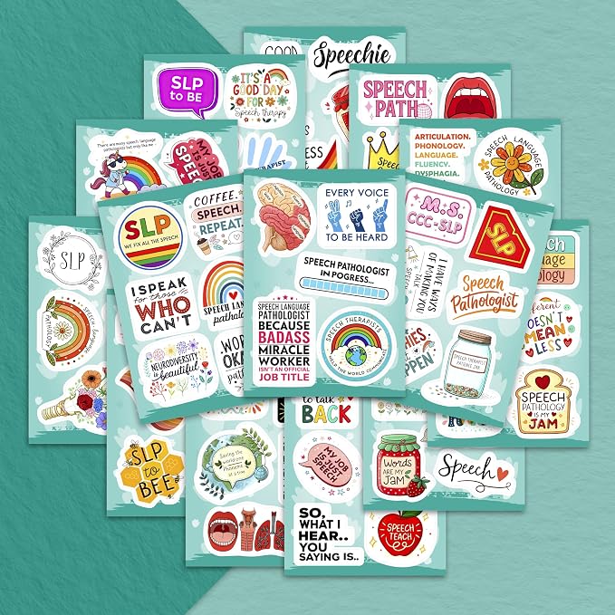 100Pcs SLP Stickers for Water Bottle, Laptop – Speech Therapy Stickers and Decals – SLP Gifts - Funy Speach Therapy Party Supplies - Gifts for Men & Women