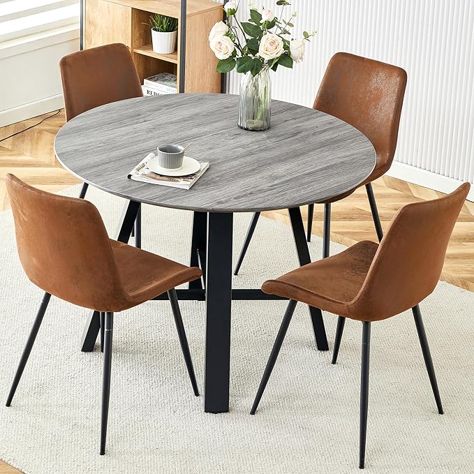 Modern Round Dining Table & Chairs Set for 4, 42" Wood Table with Upholstered PU Leather Chairs for Small Spaces