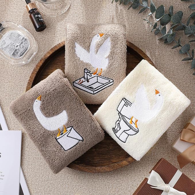 3 Pcs Silly Goose Hand Towels Geese Gifts Funny Bathroom Decor | Brown Farmhouse Decorative, 100% Cotton Embroidered Towels for Bathroom Kitchen Decor, 13.3 x 29.5''
