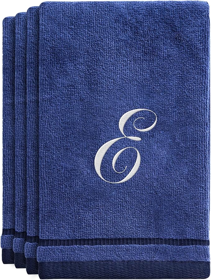 Monogrammed Towels Fingertip, Personalized Gift, 11 x 18 Inches - Set of 4 White Embroidered Towel - Extra Absorbent 100% Cotton - Soft Velour Finish - For Bathroom/ Kitchen/ Spa Initial E (Navy Blue)