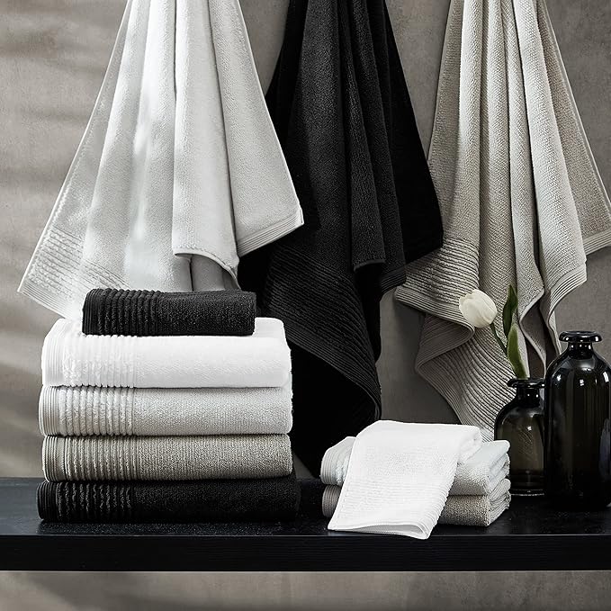 Vera Wang - Bath Towels, 100% Soft & Absorbent Terry Cotton, Low Linting and Fade Resistant, Medium Weight Bathroom Towels (Sculpted Pleat Black, 6 Piece)