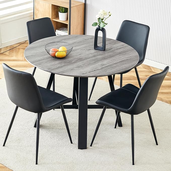 Round Dining Table Set for 4, Round Kitchen Dining Table and Chairs Set for 4,42" Modern Dining Room Table Set for 4 with PU Leather Chairs for Small Space Kitchen Office Cafe Apartment