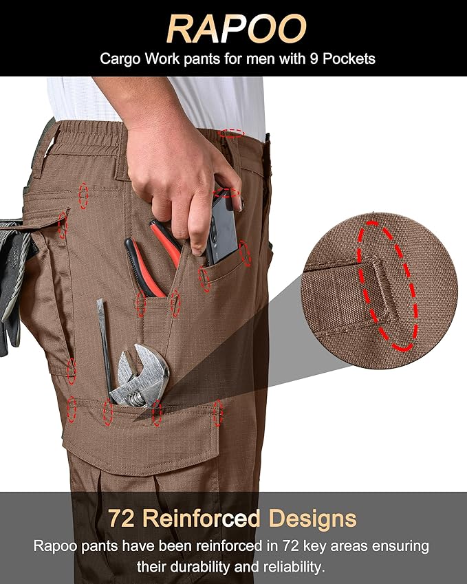 Rapoo Ripstop Water Resistant Cargo Tactical Pants for Men EDC Hiking Work Military Army Pants with 9 Pockets