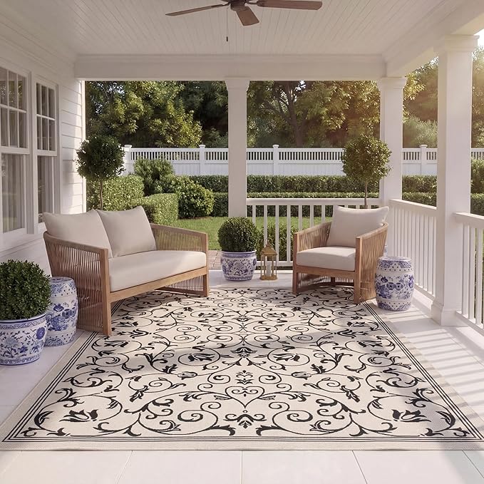 SAFAVIEH Washable Rug Outdoor Courtyard Collection - 8' x 11', Sand & Black, Non-Shedding & Easy Cleaning, Ideal for Patio, Backyard, Mudroom (CY2098-3901)