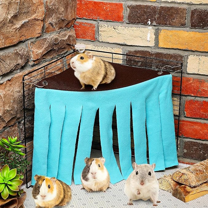 Shappy 2 Pcs Guinea Pig Hideout Hideaway Cage Hammock, Leopard | Corner Hideout Hammock, Soft Fleece for Ferrets Chinchillas Hedgehogs, Cozy Hide with Fringe Curtain Design