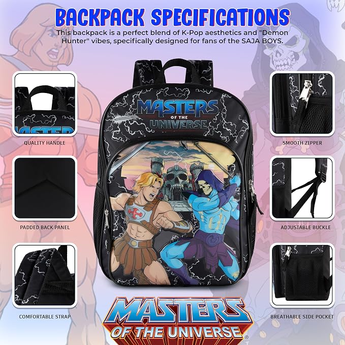 AI ACCESSORY INNOVATIONS Masters of the Universe Castle Grayskull Backpack for Kids, 16 Inch Bookbag featuring He-Man & Skeletor, Black