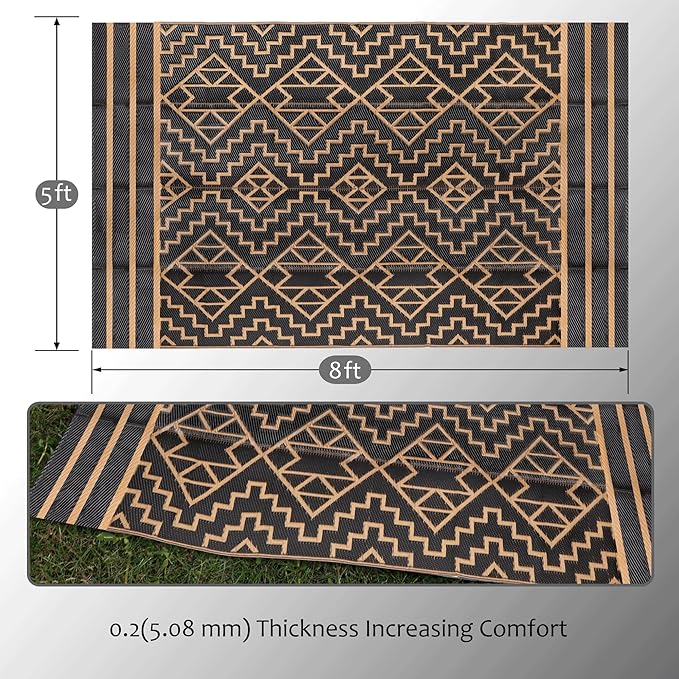 SAND MINE Reversible Mats, Plastic Straw Rug, Modern Area Rug, Large Floor Mat and Rug for Outdoors, RV, Patio, Backyard, Deck, Picnic, Beach, Trailer, Camping (5' x 8', Black & Brown)