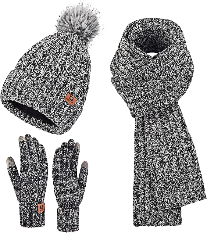 Uerymit Womens Winter Warm Beanie Hat Long Scarf Touchscreen Gloves Set with Fleece Lined Skull Pom Caps 3 in 1 Set for Gift