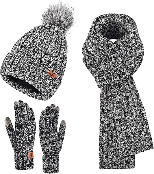 Uerymit Womens Winter Warm Beanie Hat Long Scarf Touchscreen Gloves Set with Fleece Lined Skull Pom Caps 3 in 1 Set for Gift