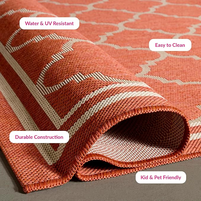 SAFAVIEH Washable Rug Outdoor Courtyard Collection - 5'3" Square, Terracotta & Bone, Non-Shedding & Easy Cleaning, Ideal for Patio, Backyard, Mudroom (CY6918-241)