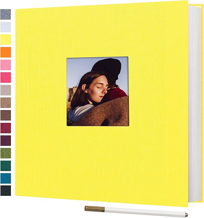 potricher Large Photo Album Self Adhesive 3x5 4x6 5x7 8x10 Pictures Linen Cover 80 Blank Pages Magnetic DIY Scrapbook Album with A Metallic Pen (Yellow, 11x10.6 inch 80 Pages)