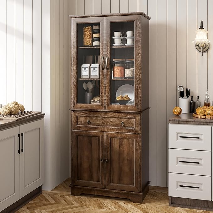 Fatmok 72" Tall Kitchen Pantry Storage Cabinet with Glass Door,Kitchen Hutch Cabinet with 4 Door & 1 Drawer, Farmhouse Food Pantry for Living Room, Dining Room, Office, Brown