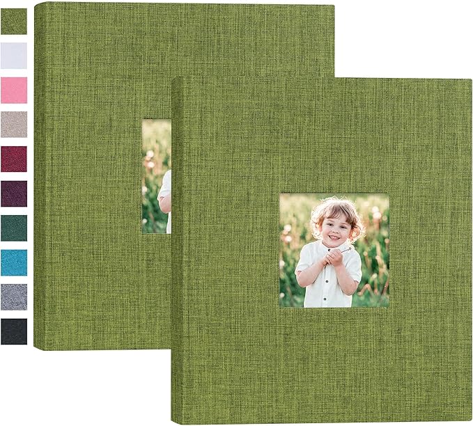 Mublalbum 2 Pack Small 8x10 Photo Album 2 Pack Linen Cover with Display Window Mini Picture Book Each Holds 52 Vertical Pockets for Artwork Postcards or Pictures Storage (Green)