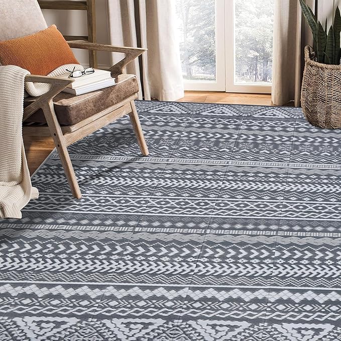 SAND MINE Reversible Mat, Indoor Outdoor Rug Carpet, Reversible Patio Rug, RV Camping Rug, Plastic Straw Rug, Large Floor Mat for RV, Patio, Backyard, Picnic, Camping, Grey & White, 6' x 9'