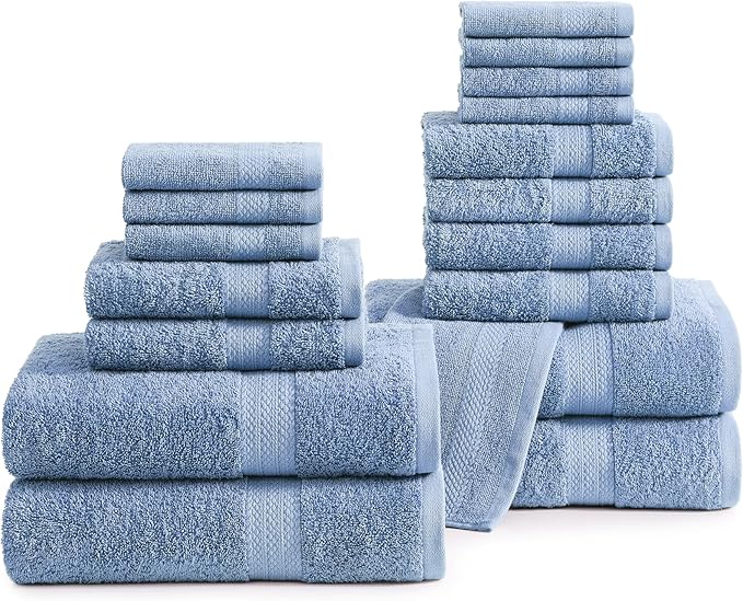 LANE LINEN Ring Spun Cotton Bath Towel Set, 18 PCs - 8 Washcloths, 6 Hand, 4 Luxury Bath Towels - Machine Washable & Sustainably Produced, Oeko-Tex Certified - Cerulean Blue