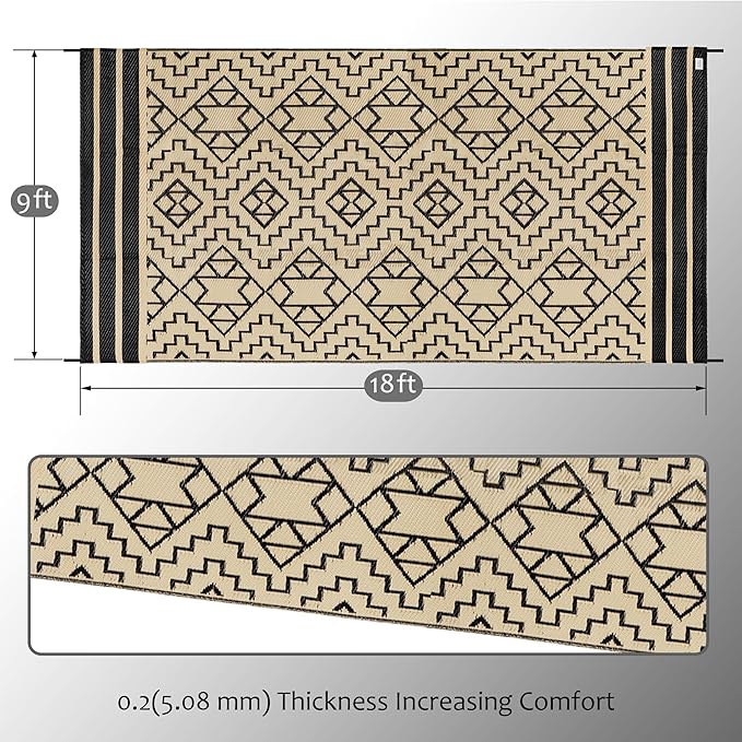 SAND MINE Reversible Mats, Plastic Straw Rug, Modern Area Rug, Large Floor Mat and Rug for Outdoors, RV, Patio, Backyard, Deck, Picnic, Beach, Trailer, Camping (9' x 18', Black & Beige)