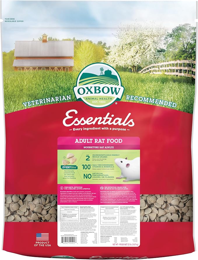 Oxbow Essentials Adult Rat Food - All Natural Adult Rat Food - 20 lb. | Uniform Rat Food Pellets, Veterinarian Recommended, Vitamins And Minerals, Uniform, Made In USA, Daily Food for Adult Rats
