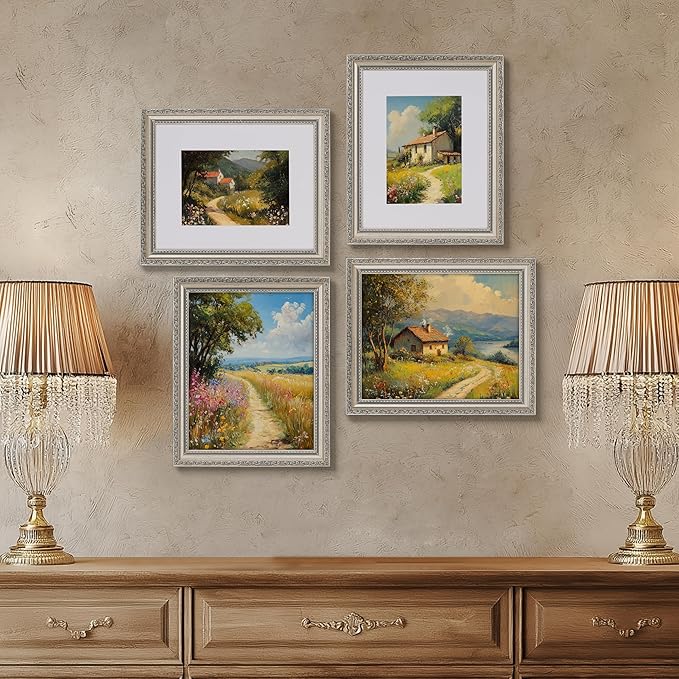eletecpro 8x10 Picture Frames Set of 4, Vintage Photo Frame with Glass, Frames 8 x 10 Display 5x7 Photo with Mat or 8x10 without Mat for Tabletop or Wall Decor, Silver Beige