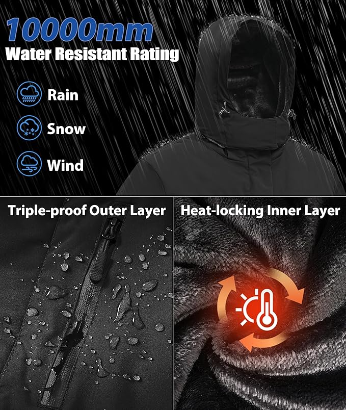 Mens Winter Snow Jacket Waterproof Ski Jackets Snowboard Rain Warm Coat Insulated Hood Fleece Lined