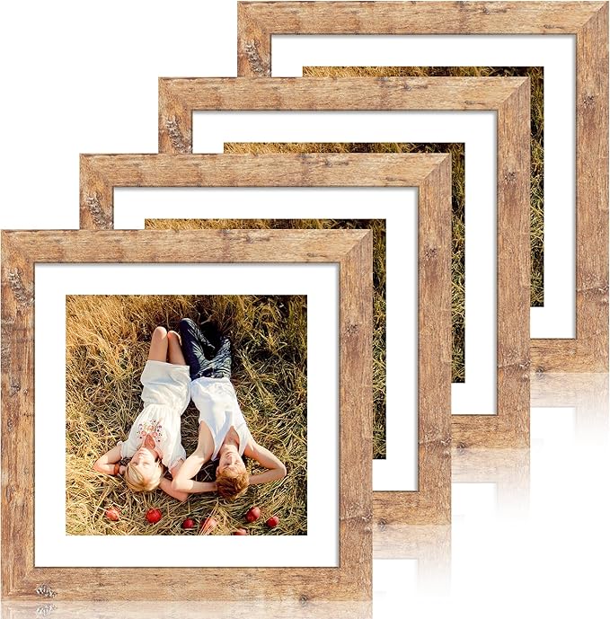 iRahmen 10x10 Picture Frame Set of 4 with Real Glass, Rustic Brown Frames Display 8x8 Picture with Mat or 10 x 10 Without Mat, Wooden Square Photo Frame for Wall Mount and Tabletop Display