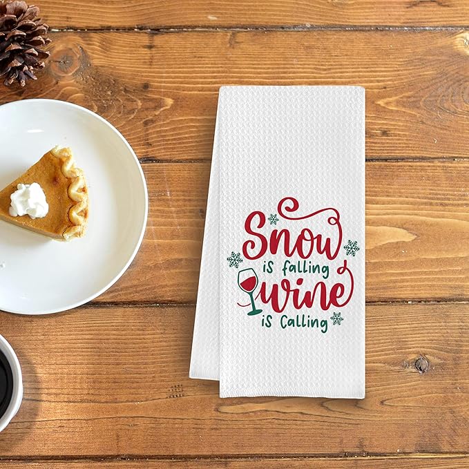 Christmas Wine Kitchen & Hand Towels - Snow is Falling, Wine is Calling - Dish & Tea Towels for Kitchen & Bathroom Decor - 16 x 24 Inches