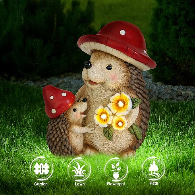 Smadeer Solar Hedgehog Garden Statue Lights for Outdoor Decor, Resin Hedge hog Figurine Lighting Decorations, Patio Yard Lawn Ornaments Birthday Gifts for Women Mom Grandma