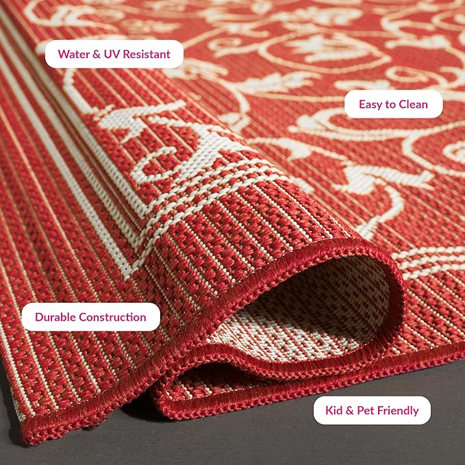 SAFAVIEH Washable Rug Outdoor Courtyard Collection - 4' x 5'7", Red & Natural, Non-Shedding & Easy Cleaning, Ideal for Patio, Backyard, Mudroom (CY2098-3707)
