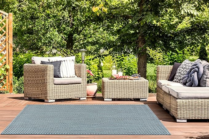 SAFAVIEH Washable Rug Outdoor Courtyard Collection - 4' x 5'7", Turquoise & Light Grey, Non-Shedding & Easy Cleaning, Ideal for Patio, Backyard, Mudroom (CY8653-37221)