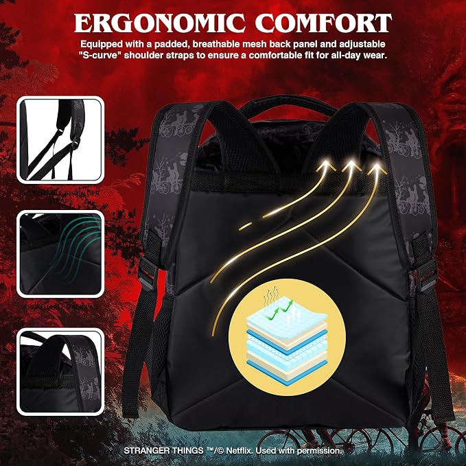 AI ACCESSORY INNOVATIONS Stranger Things Backpack with Character Graphic Pattern, Black, 16x12x5 Inches, Polyester, 3 Pockets, Water Repellent, Adjustable Straps, Padded Back