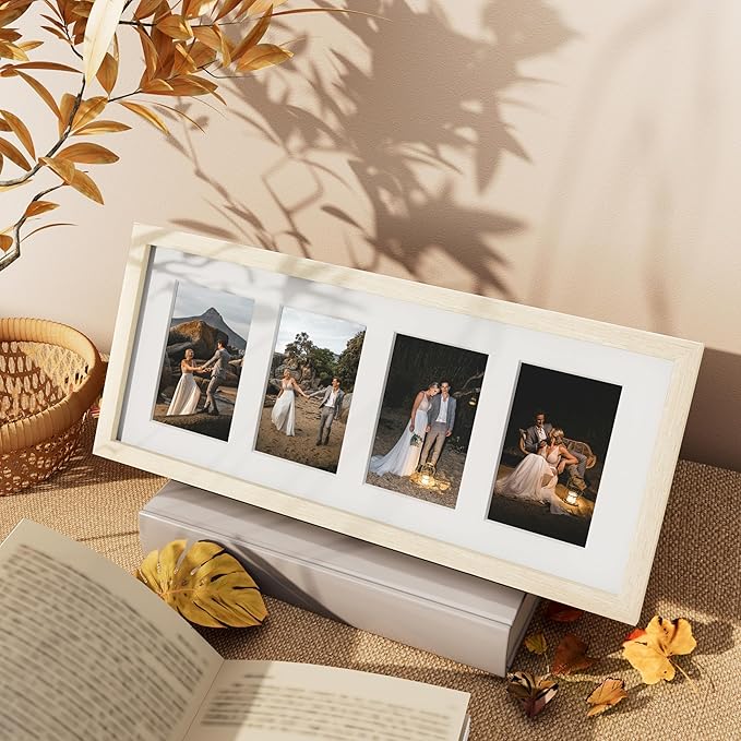 Vittanly 8x20 Collage Picture Frame, Displays 4Pcs 4x6 Pictures with Mat or 1Pcs 8x20 without Mat, Picture Frames Collage Wall Decor for Horizontal or Vertical Display, Cornsilk, 1 Pack