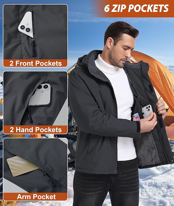 Mens Winter Snow Jacket Waterproof Ski Jackets Snowboard Rain Warm Coat Insulated Hood Fleece Lined