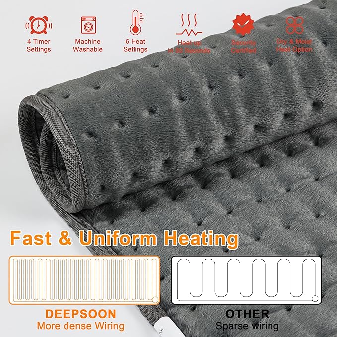 Deepsoon Heating Pad,Electric Heating Pads for Back,Neck,Abdomen,Moist Heating Pad for Shoulder,Knee,Arms,Legs,Dry/Moist Heat & Auto Shut Off,Christmas Gifts for Men and Women,Dark Gray,24x12 Inch