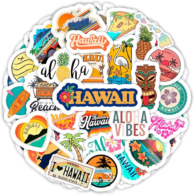 100Pcs Hawaii Stickers for Water Bottle and Laptop - Hawaiian Party Supplies & Decorations, Waterproof Vinyl Decals, State Pride and Icon Stickers, Gifts for Women & Men