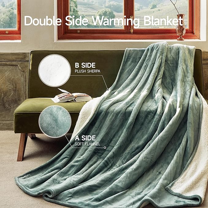 GOTCOZY Heated Blanket King Size - Electric Blanket with Dual Controller, 6 Heating Levels & 10 Hour Auto Off, ETL Certified (100x90 Inch Green)