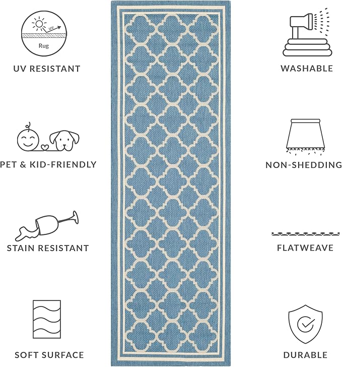 SAFAVIEH Washable Rug Outdoor Courtyard Collection - 2'3" x 6'7" Runner, Blue & Beige, Non-Shedding & Easy Cleaning, Ideal for Patio, Entryway, Mudroom, Hallway, Kitchen (CY6918-243)