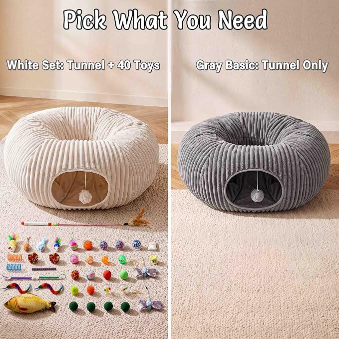 Cat Tunnel Bed with 40 Pcs Interactive Cat Toys, White | Cat Tube with Kitten Toys for Indoor Kittens, Collapsible Play Tunnel, Cat Gifts